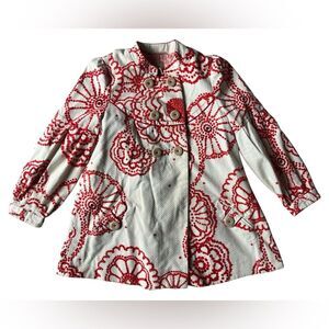 ANTHROPOLOGIE ELEVENSES RED TWEED PEACOAT FLORAL CREAM SIZE 2 WOMENS